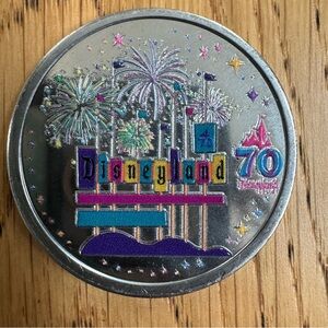DISNEYLAND 70TH ANNIVERSARY SILVER TONE MARQUEE SIGN COLOR  MEDALLION COIN
